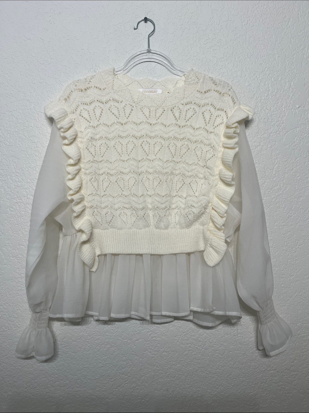 Women's Small Cream Ruffle Knit & Chiffon Layered Blouse Top